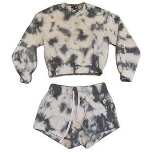 Fashion Nova Grey & White Tie-Dye Cropped Loungewear Set - Size L